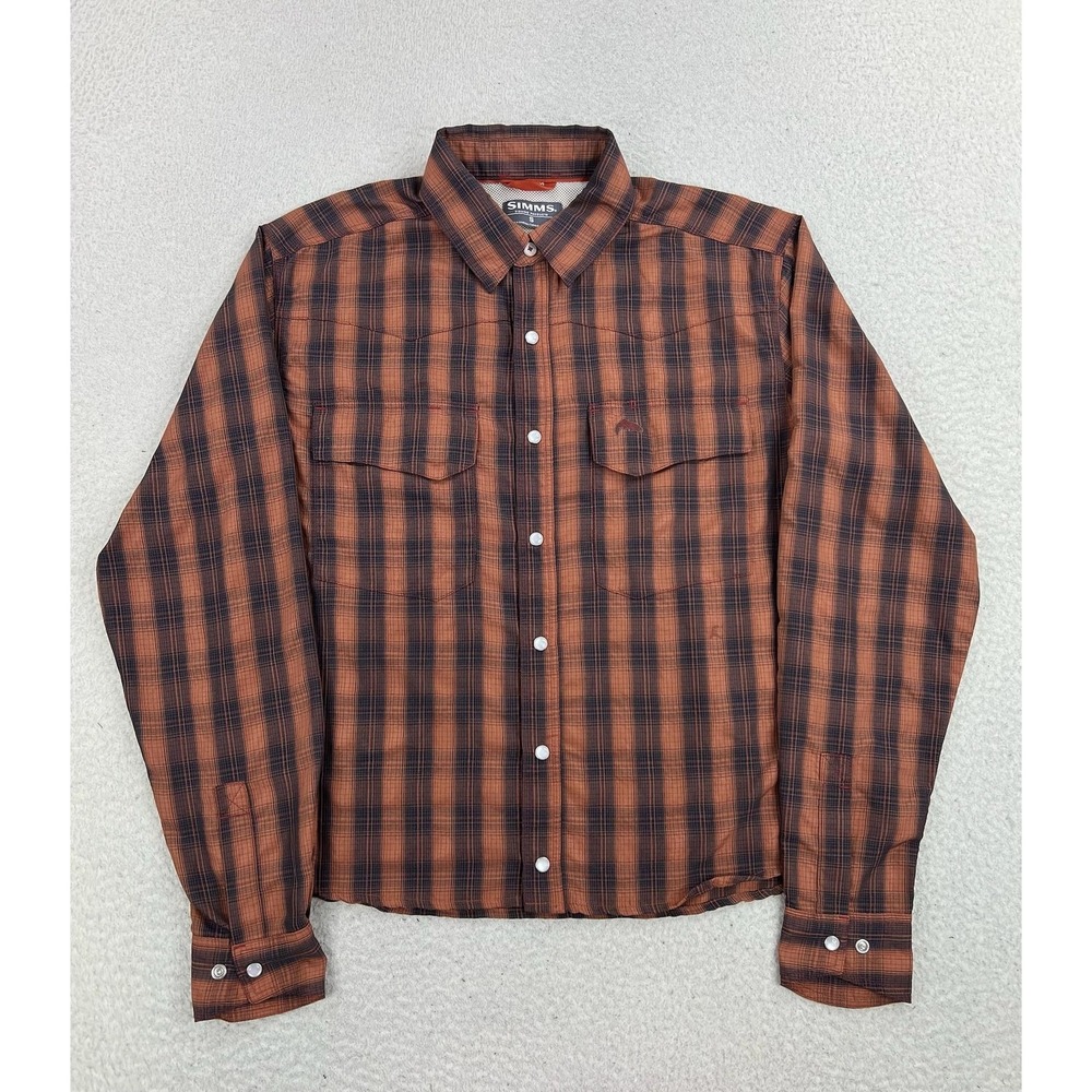 Simms Shirt Men's Small Orange Plaid Long Sleeve Button Up Fishing Outdoor